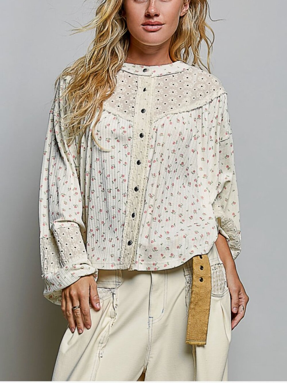 POL Floral Eyelet Patch Balloon Sleeve Knit Top Ivory NWT